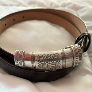 BRIGHTON Brown embossed Leather belt, size 34 SILVER plated buckle 1 inch width